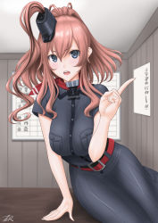 Rule 34 | 1girl, anchor, black dress, blurry, breast pocket, breasts, brown hair, chart (object), commentary request, cowboy shot, depth of field, dress, grey eyes, hair between eyes, highres, index finger raised, kantai collection, large breasts, looking at viewer, neckerchief, open mouth, pocket, ponytail, red neckerchief, saratoga (kancolle), side ponytail, sidelocks, sitting, smokestack hair ornament, solo, t2r, teeth, upper teeth only, wooden wall, yokozuwari