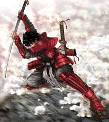 Rule 34 | 10s, 1boy, armor, armored boots, black hair, boots, drifters, fighting stance, fingerless gloves, full armor, full body, gloves, holding, holding sword, holding weapon, jacket, japanese armor, japanese clothes, katana, knee boots, magi07, male focus, red jacket, samurai, sandals, shimazu toyohisa, short hair, shoulder pads, solo, sword, sword hilt, unsheathed, weapon