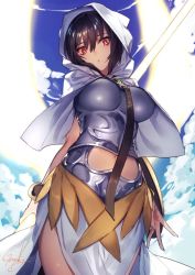 Rule 34 | 1girl, angel, armor, blue sky, boobplate, breastplate, breasts, capelet, closed mouth, cloud, cloudy sky, day, fate/grand order, fate (series), genyaky, hair between eyes, holding, holding weapon, hood, hood up, hooded capelet, large breasts, looking at viewer, navel, ortlinde (fate), purple hair, red eyes, shield, signature, skirt, sky, solo, standing, valkyrie (fate), weapon, white capelet, white skirt, wings