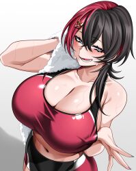 1girl absurdres black_hair black_shorts blush breasts cleavage commentary commentary_request exercising gym_shorts gym_uniform hair_ornament heart heart_hair_ornament highres holding holding_towel huge_breasts hz_(666v) long_hair looking_at_viewer multicolored_hair naughty_face open_mouth original red_hair red_sports_bra shorts smile solo split-color_hair sports_bikini sports_bra sweat sweatdrop symbol-only_commentary towel