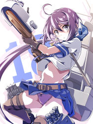 Rule 34 | 1girl, 547th sy, adapted turret, ahoge, akebono (kancolle), bell, black thighhighs, blue neckerchief, blue sailor collar, blue skirt, cannon, flower, gun, hair bell, hair flower, hair ornament, highres, jingle bell, kantai collection, long hair, looking at viewer, machinery, navel, neckerchief, panties, pleated skirt, purple eyes, purple hair, purple panties, rifle, sailor collar, school uniform, serafuku, side ponytail, skirt, solo, thighhighs, torpedo launcher, turret, underwear, very long hair, weapon