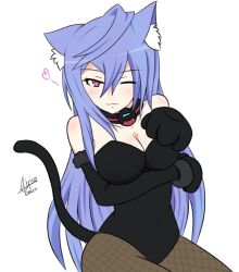 Rule 34 | 10s, 1girl, ;), ahoge, airisubaka, alternate costume, animal ears, animal hands, artist name, bare shoulders, blue hair, blush, body blush, breast hold, breasts, cat ears, cat tail, cleavage, covered navel, cowboy shot, detached sleeves, fishnet pantyhose, fishnets, fur trim, gloves, hair between eyes, heart, iris heart, jewelry, kami jigen game neptune v, kemonomimi mode, kittysuit, leotard, light smile, long hair, looking at viewer, magical girl, neck ring, neptune (series), nontraditional playboy bunny, one eye closed, pantyhose, paw gloves, paw pose, pink eyes, playboy bunny, power symbol, power symbol-shaped pupils, pururut, signature, simple background, sitting, smile, solo, strapless, strapless leotard, swimsuit, symbol-shaped pupils, tail, very long hair, white background