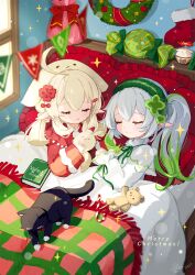 Rule 34 | 2girls, :3, ahoge, bag, black cat, blonde hair, book, candy, candy cane, cat, christmas stocking, christmas wreath, closed eyes, closed mouth, dodoco (genshin impact), food, genshin impact, green hair, green headband, hair ornament, headband, heart, heart hair ornament, highres, holding, huge ahoge, indoors, klee (genshin impact), long hair, long sleeves, low twintails, merry christmas, multicolored hair, multiple girls, nahida (genshin impact), on bed, pajamas, pointy ears, red pajamas, scaramouche (cat) (genshin impact), scaramouche (genshin impact), side ponytail, sleeping, smile, sparkle, stuffed animal, stuffed toy, teddy bear, twintails, under covers, white hair, white pajamas, wreath, yutukicom