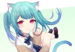 Rule 34 | 1girl, :p, absurdres, animal ear fluff, animal ears, aqua hair, black hair, blue bow, blue socks, blush, bow, bowtie, brown footwear, cat ears, cat girl, cat tail, choker, collared shirt, commentary, earrings, gradient background, green background, highres, hololive, jacket, jewelry, kemonomimi mode, loafers, long hair, long sleeves, looking at viewer, multicolored hair, paw pose, pink eyes, pink hair, plaid, plaid bow, plaid bowtie, plaid skirt, pleated skirt, red eyes, school uniform, shirt, shoes, skirt, sleeves past wrists, smile, socks, solo, streaked hair, symbol-only commentary, tail, tongue, tongue out, twintails, uehara (dormmmmir ), uruha rushia, uruha rushia (school uniform), very long hair, virtual youtuber, white shirt