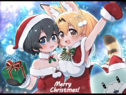 Rule 34 | 2girls, :3, alternate costume, animal ears, bare shoulders, bell, black hair, black mittens, blonde hair, blue eyes, blush, bow, bowtie, capelet, cat ears, cat girl, cat tail, christmas, commentary request, dress, extra ears, fang, fur collar, fur trim, gift, green bow, green bowtie, hat, highres, kaban (kemono friends), kemono friends, lucky beast (kemono friends), merry christmas, mittens, multiple girls, neck bell, open mouth, ransusan, red capelet, red dress, red mittens, santa costume, santa hat, serval (kemono friends), short hair, sleeveless, smile, strapless, strapless dress, tail, white bow, white bowtie, white fur, yellow eyes