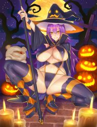 Rule 34 | 1girl, ass, bare tree, black thighhighs, blunt bangs, blush, boots, breasts, brick floor, candle, cape, covered erect nipples, cross, damegane, fire, fire, full moon, glowing, glowing eyes, grin, hair between eyes, halloween, high heel boots, high heels, highres, jack-o&#039;-lantern, knee boots, large breasts, long hair, moon, mummy, navel, night, night sky, nose blush, orange eyes, original, platform footwear, pumpkin, purple hair, shiny skin, sky, smile, solo, squatting, staff, star-shaped pupils, star (sky), star (symbol), stomach, stuffed animal, stuffed toy, symbol-shaped pupils, teddy bear, thighhighs, thighs, tombstone, tree, witch