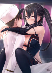 Rule 34 | 1boy, 1girl, arm strap, azur lane, bandana, bare shoulders, black bandana, black gloves, black hair, black one-piece swimsuit, black panties, black thighhighs, blush, breasts, brown hair, cleavage, cleavage cutout, closed mouth, clothing cutout, commander (azur lane), cross, cross earrings, dated, earrings, elbow gloves, eyes visible through hair, front zipper swimsuit, gloves, hair between eyes, hat, highres, implied sex, indoors, iron cross, jewelry, large breasts, lips, long hair, looking at viewer, looking to the side, mappaninatta, meme attire, military, military hat, military uniform, multicolored hair, naval uniform, one-piece swimsuit, one side up, panties, peaked cap, red eyes, short hair, sidelocks, smile, streaked hair, swimsuit, thighhighs, u-47 (azur lane), underwear, uniform, unzipped, white hair, window