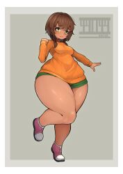 1girl 490_(spinoza490) breasts brown_hair commission dark-skinned_female dark_skin low_twintails medium_breasts medium_hair original plump ribbed_sweater shoes short_shorts shorts skeb_commission solo standing standing_on_one_leg sweater thick_thighs thighs twintails wide_hips yellow_eyes