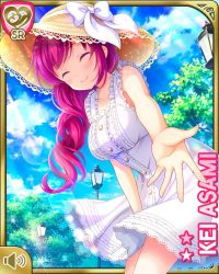 Rule 34 | 1girl, asami kei, bare arms, bare shoulders, blue background, bow, character name, closed eyes, closed mouth, day, dress, girlfriend (kari), hat, official art, outdoors, pink eyes, pink hair, ponytail, qp:flapper, smile, solo, sun hat, tagme, white bow, white dress
