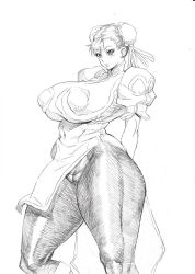 Rule 34 | 1girl, bonten, breasts, bun cover, cameltoe, capcom, china dress, chinese clothes, chun-li, cleft of venus, double bun, dress, female focus, highres, huge breasts, kicking thighs, looking at viewer, monochrome, pantyhose, pelvic curtain, scan, short hair, smile, solo, street fighter, thick thighs, thighs, traditional media