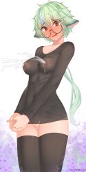 Rule 34 | 1girl, absurdres, animal ears, artist name, black shirt, black thighhighs, blur censor, blush, breast milking, breasts, censored, cleft of venus, genshin impact, glasses, green hair, highres, lactation, lactation through clothes, long hair, looking at viewer, medium breasts, multicolored hair, no bra, no panties, open mouth, pinkius, ponytail, projectile lactation, pussy, pussy juice, shirt, solo, streaked hair, sucrose (genshin impact), thighhighs, thighs, very long hair, yellow eyes