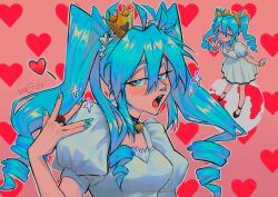 Rule 34 | 1girl, absurdres, aqua eyes, aqua hair, aqua nails, crown, dress, hatsune miku, heart, heart background, highres, jewelry, long hair, looking at viewer, mini crown, multiple views, narrowed eyes, open mouth, pink background, puffy short sleeves, puffy sleeves, ring, ringlets, sainttufa, short sleeves, sparkle, teeth, twintails, upper teeth only, vocaloid, white dress, world is mine (vocaloid)