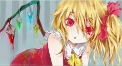 Rule 34 | 1girl, ascot, bent over, blonde hair, collarbone, crystal, dress, dripping, fang, flandre scarlet, happy-mashiro, looking at viewer, open mouth, red dress, red eyes, ribbon, side ponytail, simple background, solo, striped, striped background, touhou, wings