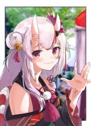 Rule 34 | 1girl, bell, blurry, blurry background, chromatic aberration, commentary request, fang, hair bell, hair bun, hair ornament, highres, hololive, horns, jingle bell, long hair, looking at viewer, mask, mask on head, multicolored hair, nakiri ayame, nakiri ayame (1st costume), namaonpa, oni mask, red eyes, red hair, rope, shimenawa, skin fang, smile, solo, streaked hair, upper body, virtual youtuber, white hair