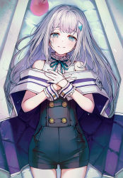 Rule 34 | 1girl, apple, bad id, bad twitter id, bare shoulders, black shorts, blue eyes, blue ribbon, buttons, closed mouth, coffin, copyright request, double-breasted, food, from above, fruit, gloves, grey hair, half gloves, hands on own chest, head tilt, high-waist shorts, highres, kagawa ichigo, long hair, looking at viewer, lying, neck ribbon, on back, red apple, ribbon, sad smile, shorts, smile, solo, tears, white gloves, wrist cuffs