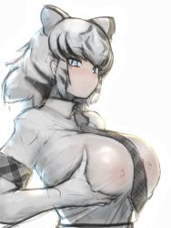 Rule 34 | 1girl, :/, absurdres, alternate breast size, animal ears, black hair, blue eyes, blush, breast lift, breast pocket, breasts, closed mouth, collared shirt, elbow gloves, extra ears, from side, gloves, grabbing, grabbing own breast, highres, huge breasts, impossible clothes, impossible shirt, kemono friends, looking down, medium hair, multicolored hair, necktie, nipples, nose blush, plaid, plaid necktie, plaid sleeves, plaid trim, pocket, see-through, see-through shirt, shibori kasu, shirt, short sleeves, sidelocks, simple background, sketch, solo, streaked hair, tiger ears, two-tone hair, upper body, white background, white hair, white tiger (kemono friends), wing collar