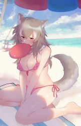 Rule 34 | 10s, 1girl, animal ear fluff, animal ears, asano (asamusuko), bare arms, bare legs, bare shoulders, beach, beach towel, beach umbrella, between legs, bikini, blue sky, breasts, cleavage, cloud, cloudy sky, day, detached collar, frisbee, front-tie bikini top, front-tie top, full body, fur collar, hair between eyes, half-closed eyes, hand between legs, japanese wolf (kemono friends), kemono friends, light brown hair, long hair, looking at viewer, medium breasts, mouth hold, multicolored hair, navel, ocean, outdoors, plaid, plaid bikini, sand, shade, shiny skin, side-tie bikini bottom, side-tie bottom, sitting, skindentation, sky, solo, stomach, swimsuit, tail, towel, two-tone hair, umbrella, v arms, water, white hair, wolf ears, wolf girl, wolf tail, yellow eyes