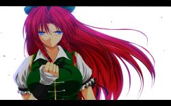 Rule 34 | 1girl, backlighting, blue eyes, braid, breasts, dress, fingerless gloves, gloves, green dress, hat, highres, hong meiling, large breasts, letterboxed, long hair, looking at viewer, nekominase, puffy sleeves, raised fist, red hair, shirt, short sleeves, solo, touhou, twin braids, upper body, very long hair, white gloves