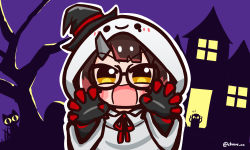 Rule 34 | 1girl, android, bare tree, cat, chibi, chroneco, commentary, english commentary, ghost costume, glasses, halloween, halloween costume, hat, highres, hololive, house, looking at viewer, mechanical arms, night, open mouth, outstretched arms, roboco-san, second-party source, smile, solo, tombstone, tree, twitter username, virtual youtuber, witch hat, yellow eyes