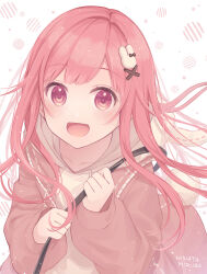 Rule 34 | 1girl, artist name, bag, blush, cardigan, commentary request, hair ornament, hinata mizuiro, hood, hoodie, leaning forward, long hair, looking at viewer, ootori emu, open mouth, pink cardigan, pink eyes, pink hair, project sekai, rabbit hair ornament, rabbit tail, simple background, smile, solo, tail, upper body, white background, white hoodie, x hair ornament