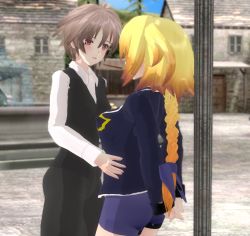 Rule 34 | 1boy, 1girl, ahoge, arms behind back, black pants, blonde hair, blush, braid, breasts, commentary, couple, face-to-face, fate/apocrypha, fate (series), food, from side, hair ornament, hair ribbon, hands on another&#039;s waist, hetero, hug, jacket, jeanne d&#039;arc (fate), jeanne d&#039;arc (ruler) (fate), large breasts, long braid, long hair, long sleeves, looking at another, pants, pocky, pocky day, pocky kiss, purple jacket, purple ribbon, purple shorts, red eyes, ribbon, sansei gomesu, shared food, shirt, short hair, short shorts, shorts, sieg (fate), single braid, thighs, uniform, very long hair, waistcoat, white shirt