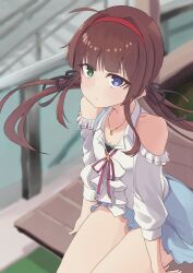 Rule 34 | 1girl, absurdres, ahoge, black ribbon, blue eyes, brown hair, casual, detached sleeves, green eyes, hairband, heterochromia, highres, jewelry, light blush, long hair, looking at viewer, low twintails, necklace, on bench, pout, railing, red hairband, ribbon, ryoubi (senran kagura), senran kagura, senran kagura new link, sitting, stairs, twintails, yoniki