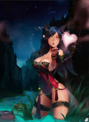 Rule 34 | 1boy, 2girls, ahri (league of legends), animal ears, annie (league of legends), bare shoulders, black hair, blowing kiss, breasts, cleavage, facial mark, fox ears, fox tail, heart, highres, instant ip, korean clothes, large breasts, league of legends, long hair, multiple girls, night, parted lips, revision, tail, teemo, thighs, water, when you see it, whisker markings, yellow eyes