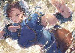 Rule 34 | 1girl, :d, blue dress, bracelet, breasts, brown eyes, brown hair, bun cover, capcom, china dress, chinese clothes, chun-li, double bun, dress, earrings, fighting stance, hagure keg, hair bun, jewelry, large breasts, open mouth, pantyhose, pelvic curtain, puffy short sleeves, puffy sleeves, sash, short hair, short sleeves, side slit, smile, solo, spiked bracelet, spikes, street fighter, thick thighs, thighs, water
