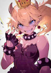 Rule 34 | 1girl, absurdres, arm at side, armlet, bare shoulders, black collar, black dress, black gloves, black nails, blonde hair, blue eyes, bowsette, bracelet, breasts, breath weapon, breathing fire, cleavage, collar, collarbone, covered abs, crown, dress, earrings, evil grin, evil smile, fingerless gloves, fingernails, fire, floating hair, gloves, grin, hair between eyes, hand up, head tilt, highres, horns, jewelry, long hair, looking at viewer, mario (series), masuda masaru, medium breasts, nail polish, new super mario bros. u deluxe, nintendo, pointy ears, sharp teeth, slit pupils, smile, solo, spiked armlet, spiked bracelet, spiked collar, spikes, strapless, strapless dress, super crown, teeth, toned, twitter username, upper body, v-shaped eyebrows