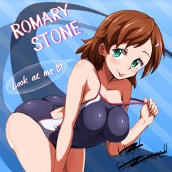 Rule 34 | 10s, 1girl, :p, arm support, ass, bent over, blush, breasts, brown hair, character name, collarbone, english text, green eyes, gundam, gundam age, hair ornament, hairclip, looking at viewer, medium breasts, one-piece swimsuit, open mouth, pulled by self, romary stone, runaru, short hair, solo, speech bubble, strap pull, swimsuit, tongue, tongue out