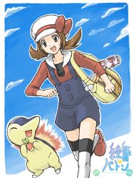 Rule 34 | 00s, 1girl, bag, berry, berry (pokemon), bow, brown eyes, brown hair, cabbie hat, creatures (company), cyndaquil, day, food, fruit, game freak, gen 2 pokemon, hat, low twintails, lyra (pokemon), nintendo, open mouth, overalls, pokegear, pokemon, pokemon (creature), pokemon hgss, running, sky, smile, tegaki, thighhighs, twintails