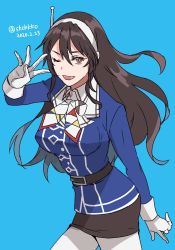 Rule 34 | 1girl, ashigara (kancolle), belt, black hair, black skirt, blue background, blue jacket, bright pupils, brown eyes, cowboy shot, dated, gloves, hairband, hand up, jacket, kantai collection, kasumi (skchkko), long hair, long sleeves, looking at viewer, one-hour drawing challenge, pantyhose, pencil skirt, simple background, skirt, smile, solo, standing, translation request, twitter username, white gloves, white pupils