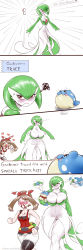 Rule 34 | 2girls, 4koma, absurdres, angry, bandana, bike shorts, bike shorts under shorts, blood, blush, breast expansion, breasts, brown hair, cleavage, closed eyes, closed mouth, comic, cowboy shot, creatures (company), curvy, english text, game freak, gardevoir, gen 3 pokemon, green hair, highres, large breasts, may (pokemon), multiple girls, nintendo, nosebleed, plasmid, pokemon, pokemon (creature), pokemon oras, red eyes, short hair, shorts, sidelocks, simple background, sleeveless, smile, spheal, standing, text focus, veins, watch, white background, wide hips, wristwatch