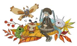 Rule 34 | 1girl, blue eyes, blue hair, bug, bug miku (project voltage), caterpie, closed eyes, closed mouth, commentary, creatures (company), dress, full body, game freak, gen 1 pokemon, gen 3 pokemon, gen 4 pokemon, hair between eyes, hands on lap, hat, hatsune miku, highres, insect, kebe6p, kricketot, leaf, long hair, long sleeves, moth, mothim, musical note, nintendo, pantyhose, pokemon, pokemon (creature), project voltage, shoes, silcoon, simple background, sitting, vocaloid, white background