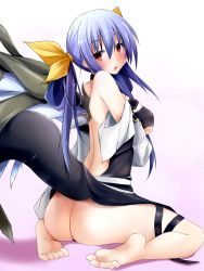 Rule 34 | 1girl, ass, asymmetrical wings, bare back, bare shoulders, barefoot, blue hair, blush, breasts, choker, dd mayohara, dizzy (guilty gear), feet, guilty gear, guilty gear x, guilty gear xx, looking back, no panties, open mouth, red eyes, ribbon, sitting, soles, solo, tail, toes, wings