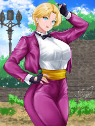 1girl ass blonde_hair blue_eyes bow bowtie breasts curvy earrings female_focus formal_clothes gloves huge_ass huge_breasts jewelry king_(snk) large_breasts leather long_sleeves looking_at_viewer outdoors pale_skin pants shirt short_hair smile standing suit the_king_of_fighters thick_thighs thighs tuxedo valneeko white_shirt wide_hips