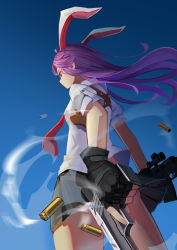 Rule 34 | 1girl, absurdres, animal ears, black gloves, black skirt, closed mouth, dual wielding, extra ears, fps, from behind, from below, gloves, gun, handgun, highres, holding, holster, long hair, machine gun, necktie, pleated skirt, puffy short sleeves, puffy sleeves, purple hair, rabbit ears, red eyes, red necktie, reisen udongein inaba, shell casing, shirt, shooting gloves, short sleeves, shoulder holster, skirt, sky, smoke, solo, standing, thighs, touhou, trigger discipline, tsurime, weapon, white shirt, wind, wind lift