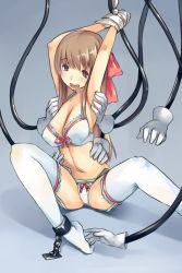 Rule 34 | 1girl, arms up, bdsm, bondage, bound, bow, bow bra, bow panties, bra, brown eyes, brown hair, feet, frilled bra, frilled thighhighs, frills, garter belt, hair bow, kusuguri, lingerie, long hair, mechanical arms, multiple hands, panties, single mechanical arm, sitting, solo, tears, thighhighs, tickle torture, tickling, tickling armpits, tickling feet, tickling sides, underwear, underwear only, white bra, white panties, white thighhighs