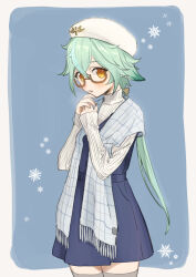 Rule 34 | 1girl, alternate costume, black dress, casual, commentary request, contemporary, dress, genshin impact, glasses, green hair, grey thighhighs, hair between eyes, hat, highres, long hair, long sleeves, looking at viewer, low ponytail, multicolored hair, parted lips, plaid shawl, semi-rimless eyewear, shawl, sidelocks, simple background, solo, streaked hair, sucrose (genshin impact), suke, sweater, thighhighs, turtleneck, turtleneck sweater, two-tone hair, winter clothes, yellow eyes, zettai ryouiki
