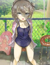 Rule 34 | 1girl, absurdres, animal print, arms behind back, artist name, bear print, black ribbon, blue one-piece swimsuit, blurry, blurry background, boko (girls und panzer), brown eyes, chain-link fence, chair, commentary, dated, day, depth of field, fence, girls und panzer, hair ribbon, highres, kickboard, light brown hair, long hair, looking at viewer, one-piece swimsuit, one side up, open mouth, outdoors, pink towel, plant, ribbon, school swimsuit, shimada arisu, sitting, solo, stone floor, swimsuit, tonan leopard, towel, towel around neck, wet