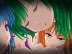 Rule 34 | 5girls, blue eyes, blue hair, blurry, blurry vision, breast sucking, double breast sucking, closed eyes, female pov, green hair, incipient kiss, multiple girls, nipples, nude, original, pov, purple hair, red eyes, red hair, tongue, tongue out, vignetting, waking up, yuri