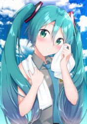 Rule 34 | 1girl, aqua eyes, aqua hair, aqua nails, aqua necktie, bare shoulders, blush, cloud, commentary, commission, day, glint, grey shirt, hair ornament, hatsune miku, head tilt, highres, holding, holding towel, long hair, nail polish, necktie, outdoors, parted lips, shirt, skeb commission, sky, sleeveless, sleeveless shirt, solo, supo01, sweat, towel, towel around neck, twintails, upper body, very long hair, vocaloid, wiping face