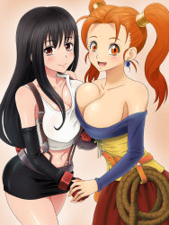 Rule 34 | 1990s (style), 2girls, asymmetrical docking, bare shoulders, black hair, blush, breast press, breasts, brown eyes, brown hair, cleavage, corset, crossover, dragon quest, dragon quest viii, earrings, elbow gloves, final fantasy, final fantasy vii, fingerless gloves, gloves, gradient background, highres, holding hands, jessica albert, jewelry, large breasts, long hair, looking at viewer, low-tied long hair, mameshiba (pixiv 59310), midriff, multiple girls, navel, open mouth, pencil skirt, purple shirt, red eyes, red hair, retro artstyle, shirt, skirt, smile, square enix, suspender skirt, suspenders, tifa lockhart, twintails, yuri