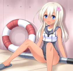 Rule 34 | 10s, 1girl, :d, bare legs, bare shoulders, blue eyes, blush, crop top, flower, hair flower, hair ornament, highres, kantai collection, kyamu (qqea92z9n), lifebuoy, long hair, neckerchief, open mouth, ro-500 (kancolle), sailor collar, school swimsuit, slippers, smile, solo, spread legs, swim ring, swimsuit, swimsuit under clothes, tan, tanline, torpedo, white hair