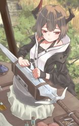 Rule 34 | 1girl, apron, arknights, artist name, black apron, black jacket, broken horn, brown hair, buttons, chisel, female focus, hammer, highres, holding, holding hammer, horns, jacket, jl tan, material growth, oripathy lesion (arknights), outdoors, red eyes, runes, short hair, solo, sword, the witcher (series), twitter username, vial, vulcan (arknights), weapon