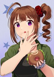 Rule 34 | 1girl, :q, ahoge, bagel, black shirt, brown hair, collarbone, drill hair, food, food on face, green jacket, hair ornament, hair scrunchie, highres, idolmaster, idolmaster million live!, jacket, kamille (vcx68), licking lips, open clothes, open jacket, print scrunchie, purple eyes, scrunchie, shirt, short sleeves, side drill, side ponytail, solo, tongue, tongue out, upper body, wrist scrunchie, yokoyama nao