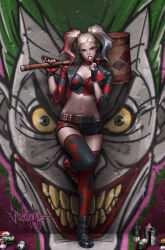 Rule 34 | 1girl, absurdres, against wall, belt, black footwear, black jacket, black thighhighs, blonde hair, blue eyes, blue hair, boots, candy, colored sclera, crop top, dc comics, earrings, fingerless gloves, food, gloves, graffiti, green eyes, green hair, hammer, harley quinn, heterochromia, highres, holding, holding candy, holding food, holding hammer, holding lollipop, jacket, jee-hyung lee, jewelry, lollipop, looking at viewer, midriff, multicolored clothes, multicolored hair, multicolored jacket, navel, open clothes, open jacket, red eyes, red hair, red jacket, red thighhighs, short shorts, shorts, signature, spray can, teeth, the joker, thighhighs, twintails, two-tone jacket, two-tone thighhighs, yellow sclera, yellow teeth