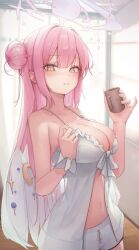 Rule 34 | 1girl, absurdres, blue archive, blush, breasts, cleavage, collarbone, crescent moon, crescent print, cup, dress, feathered wings, hair between eyes, hair bun, hair intakes, halo, hand up, highres, holding, holding cup, indoors, jun daniell, large breasts, long hair, looking at viewer, low wings, mika (blue archive), moon, navel, pink hair, pink halo, scrunchie, short shorts, shorts, single hair bun, single side bun, spaghetti strap, sparkle print, upper body, white dress, white shorts, white wings, wing ornament, wings, wooden floor, wrist scrunchie, yellow eyes