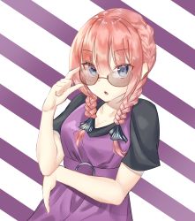 Rule 34 | 1girl, absurdres, adjusting eyewear, adjusting glasses, alternate hairstyle, black ribbon, black shirt, blue eyes, blunt bangs, blush, braid, breasts, butterfly hair ornament, cleavage, collarbone, commentary request, dress, glasses, go-toubun no hanayome, hair ornament, highres, large breasts, looking at viewer, looking over eyewear, looking over glasses, low twintails, nakano nino, open mouth, pink hair, purple dress, ribbon, shirt, short sleeves, simple background, striped, striped background, sunglasses, teto zz, tinted eyewear, twin braids, twintails