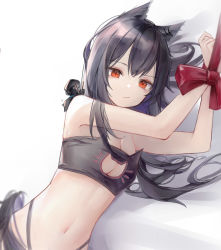 Rule 34 | 0 (znanimo), 1girl, absurdres, animal ears, arknights, black hair, black panties, bound, bound wrists, breasts, brown eyes, cat lingerie, chibi, closed mouth, commentary, doctor (arknights), hair between eyes, highres, long hair, looking at viewer, lying, medium breasts, meme attire, multicolored hair, on side, panties, red hair, simple background, symbol-only commentary, texas (arknights), two-tone hair, underwear, upper body